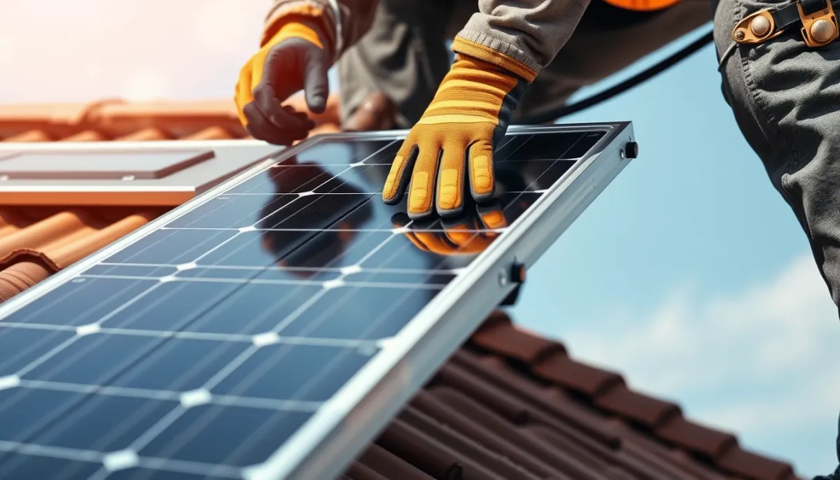 Pose de panneaux solaires sur un toit en tuiles par un installateur qualifié