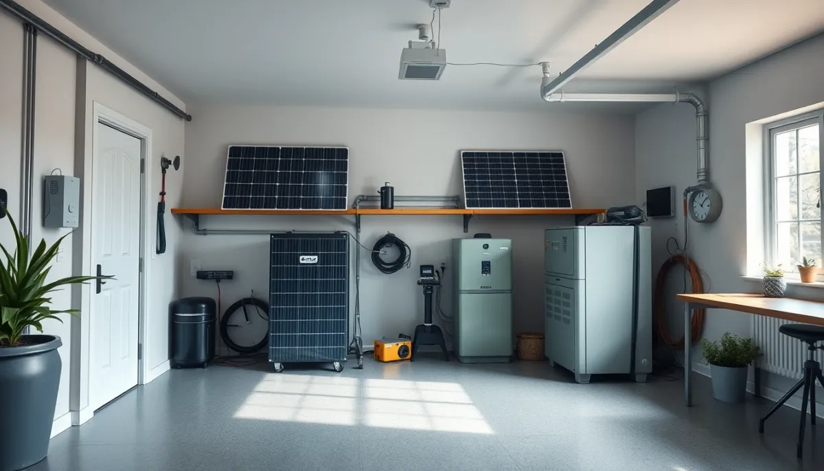 Installation de panneaux solaires avec batterie de stockage dans un garage résidentiel