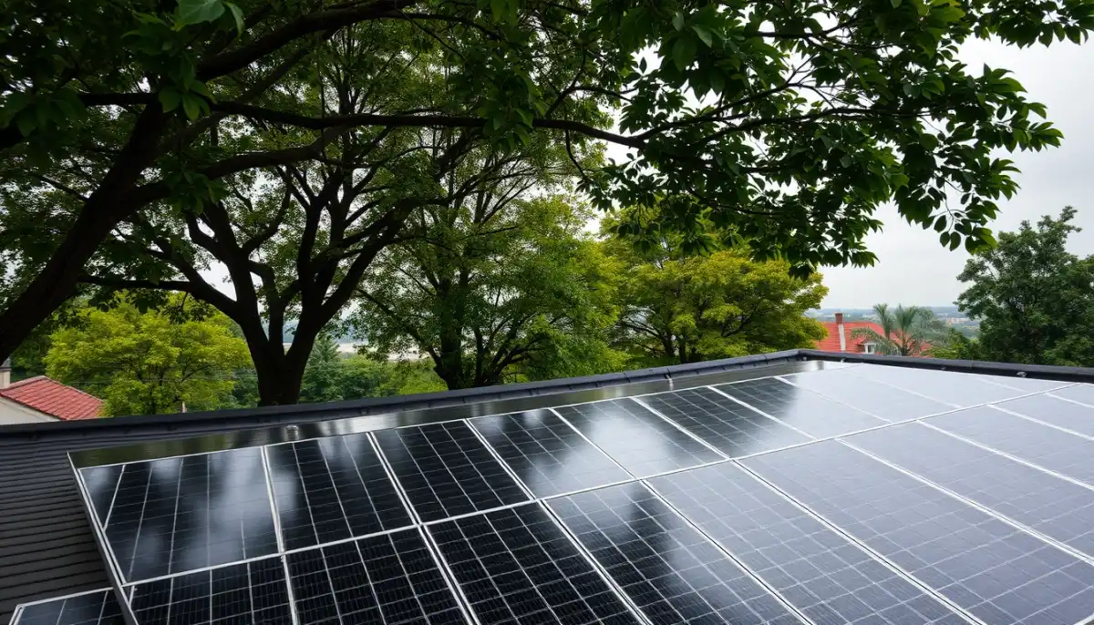 Toit ombragé par des arbres réduisant le rendement des panneaux solaires