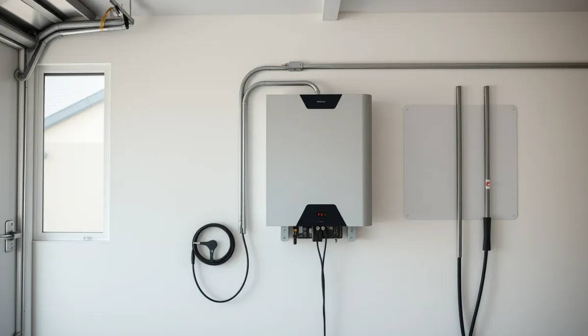 Batterie domestique murale installée dans un garage, vue de côté avec éclairage naturel