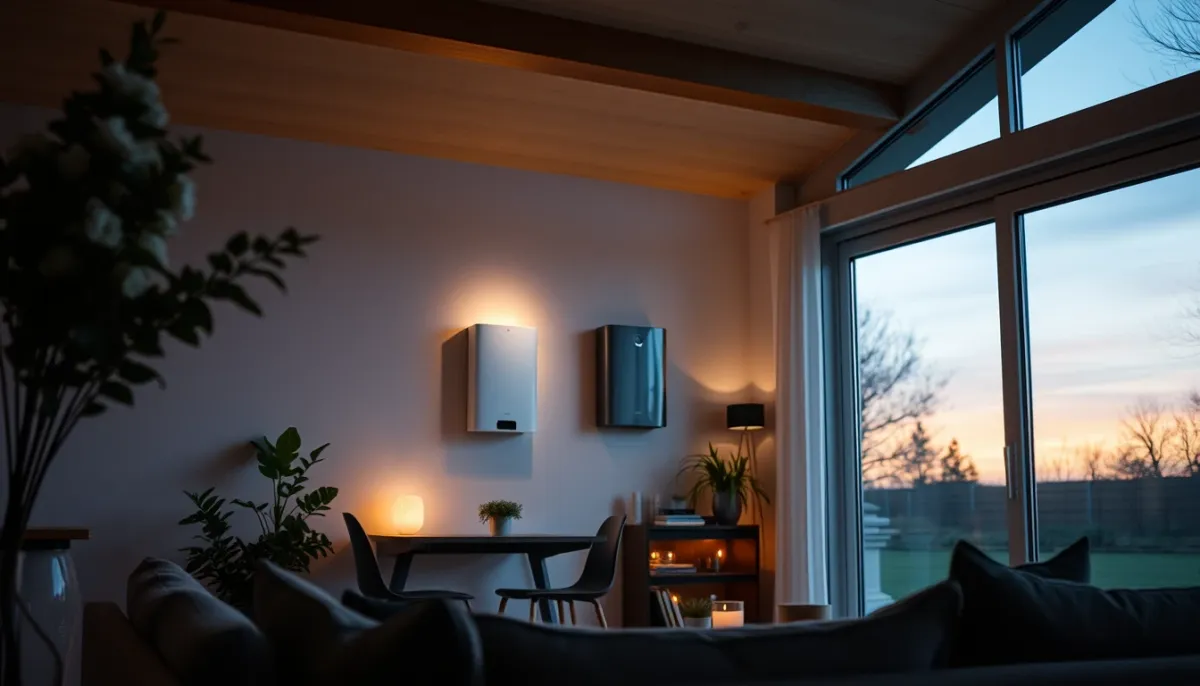 Intérieur d'une maison belge moderne au crépuscule avec une batterie domestique visible en arrière-plan