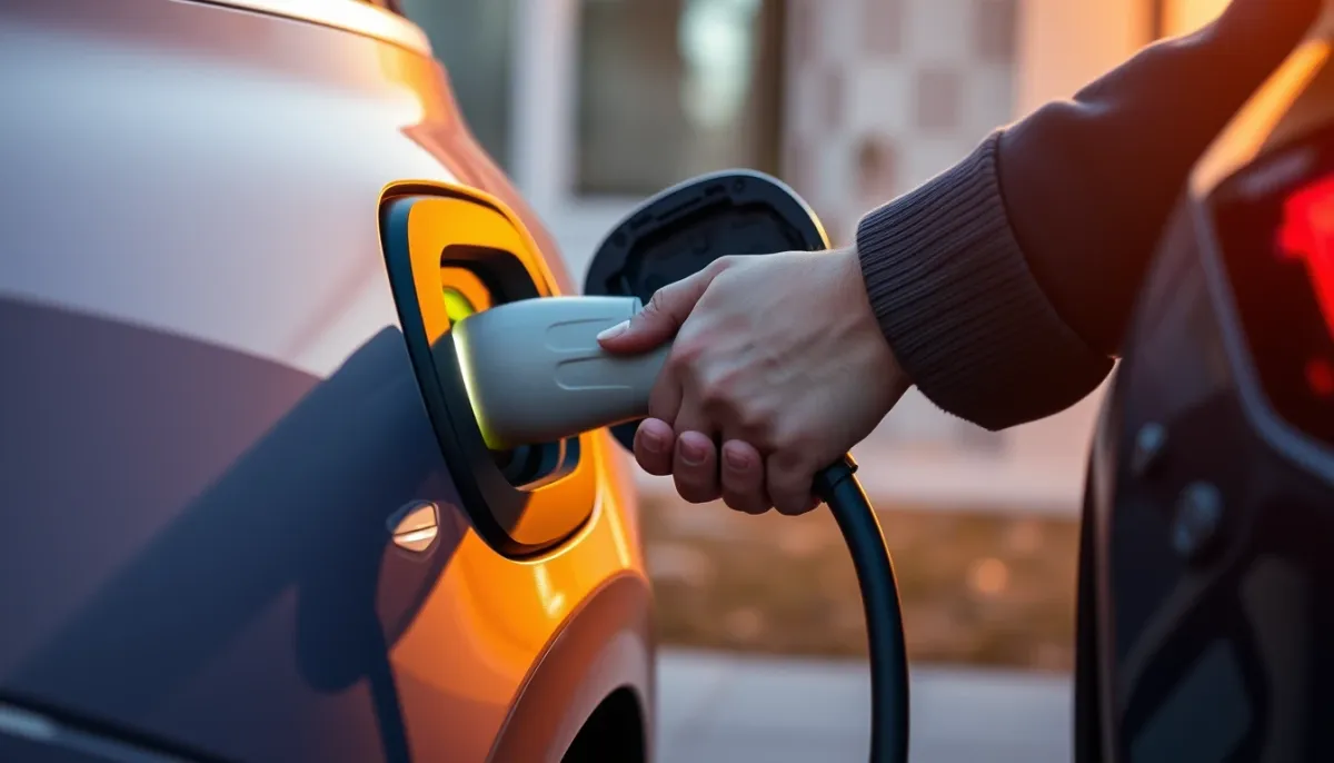 Conducteur branchant une prise Type 2 sur une voiture électrique à une borne domestique