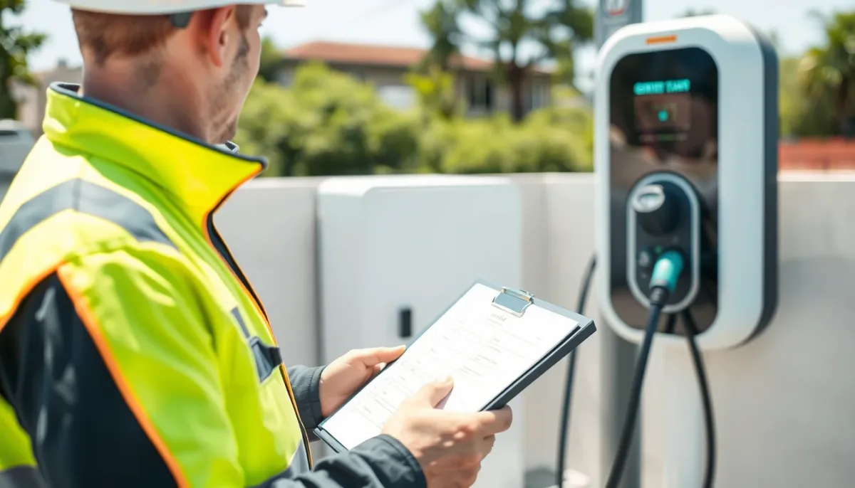 Électricien agréé effectuant le contrôle RGIE d'une borne de recharge résidentielle