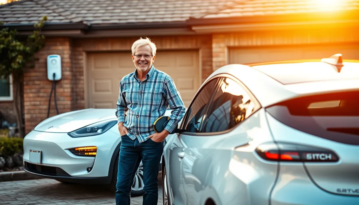 Propriétaire satisfait devant sa voiture électrique et sa borne de recharge à domicile