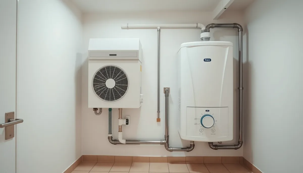 Pompe à chaleur air/eau et ballon d'eau chaude thermodynamique dans une chaufferie moderne