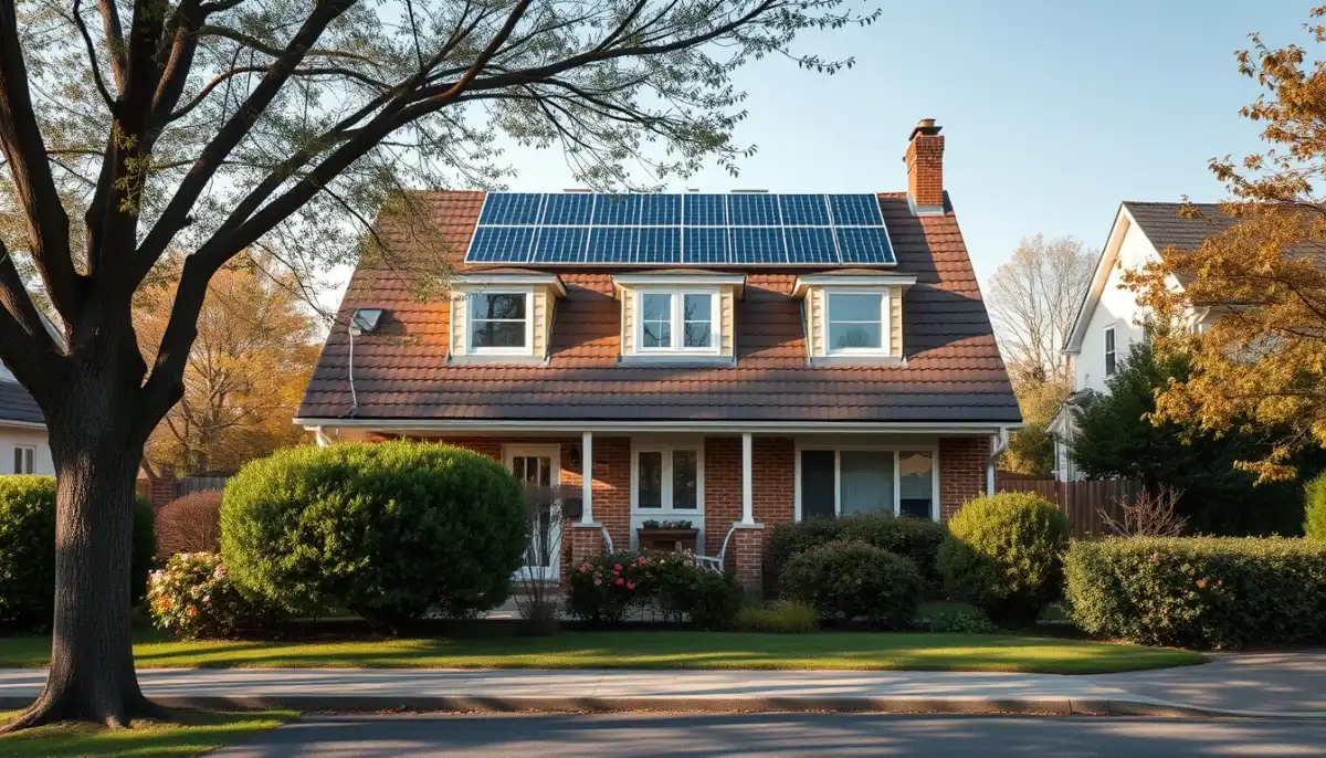 Maison unifamiliale de plus de dix ans équipée de panneaux solaires, illustrant l'éligibilité à la TVA réduite