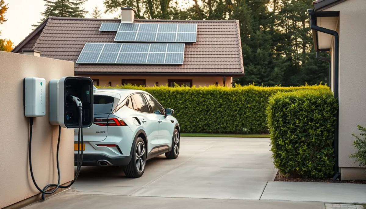 Voiture électrique en recharge à domicile près d'une maison équipée de panneaux solaires, illustration de la flexibilité de consommation
