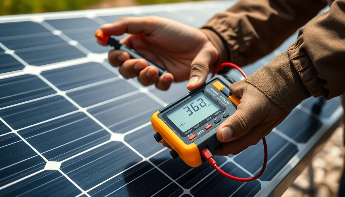 Technicien vérifiant les performances d'un panneau solaire avec un multimètre