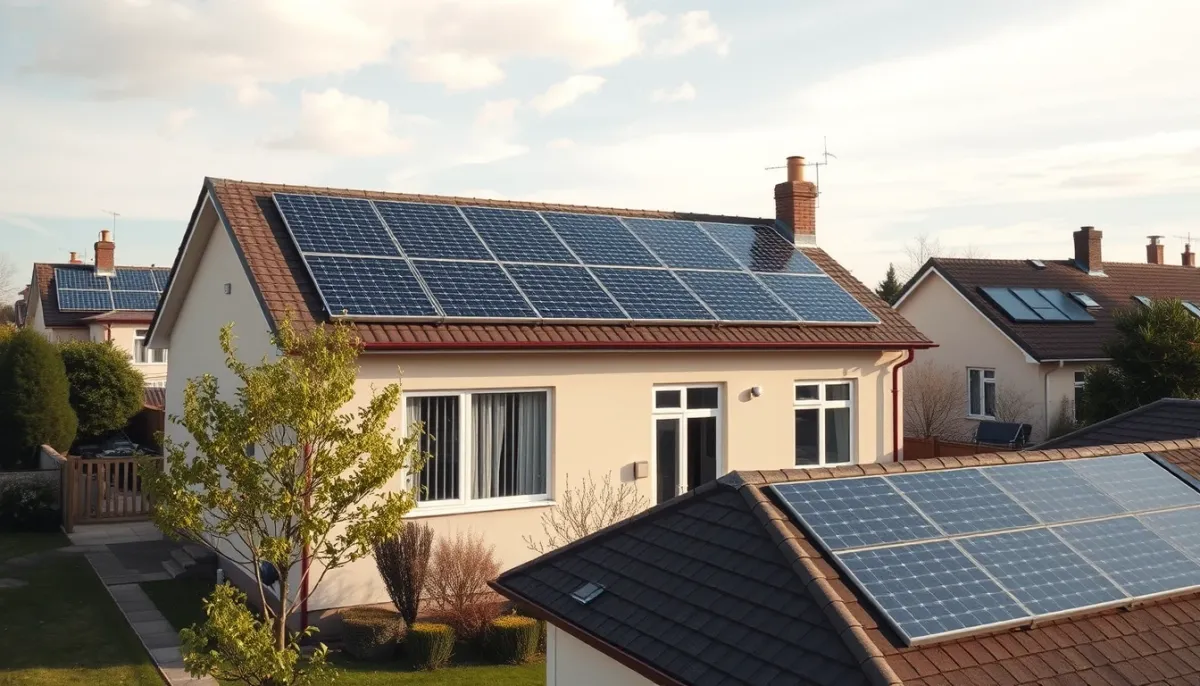 Maison familiale équipée de panneaux solaires sur le toit