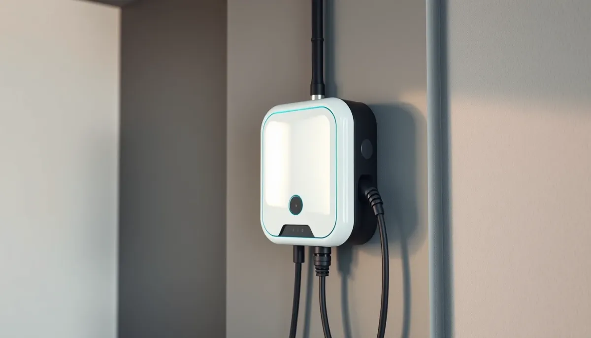 Borne de recharge intelligente installée sur un mur de garage