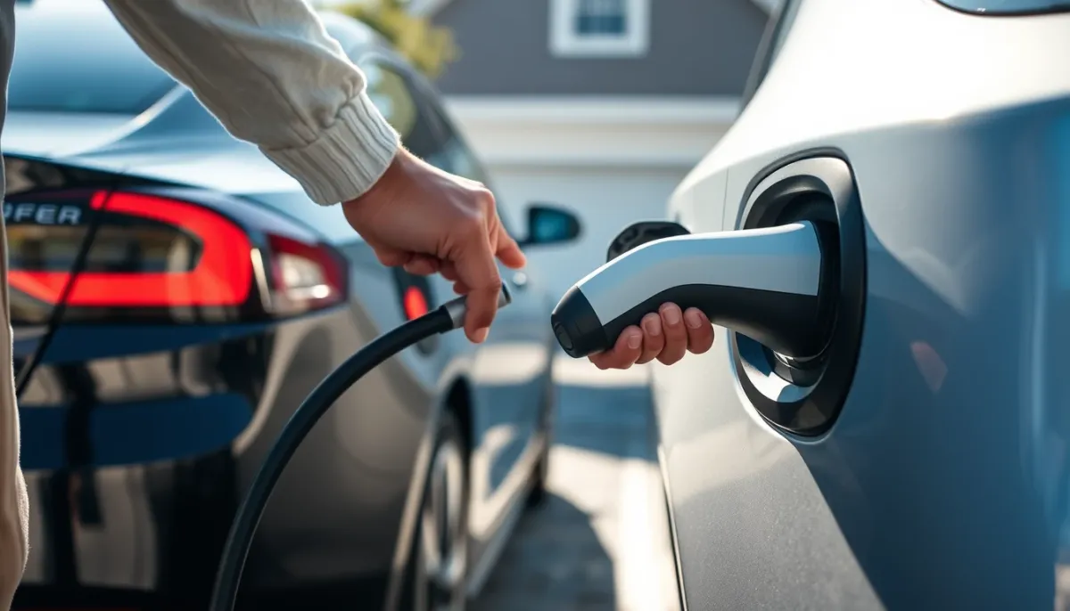 Branchement d'un câble de recharge sur une voiture électrique dans une allée ensoleillée