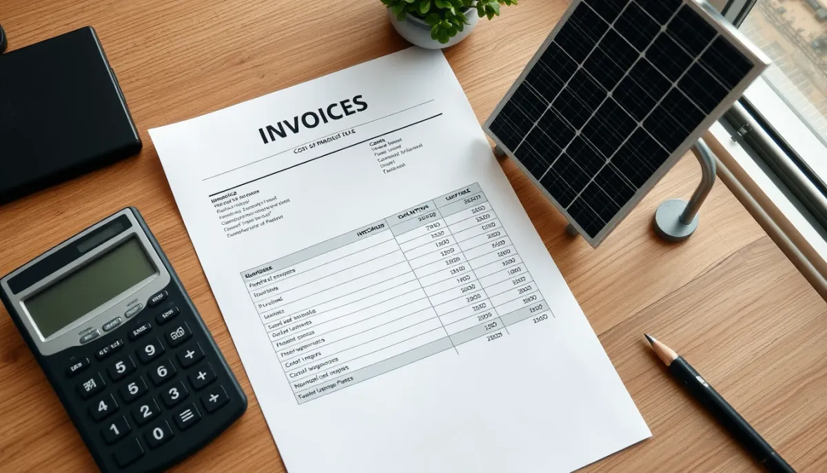 Document de coûts et calculatrice sur un bureau en bois avec un modèle de panneau solaire