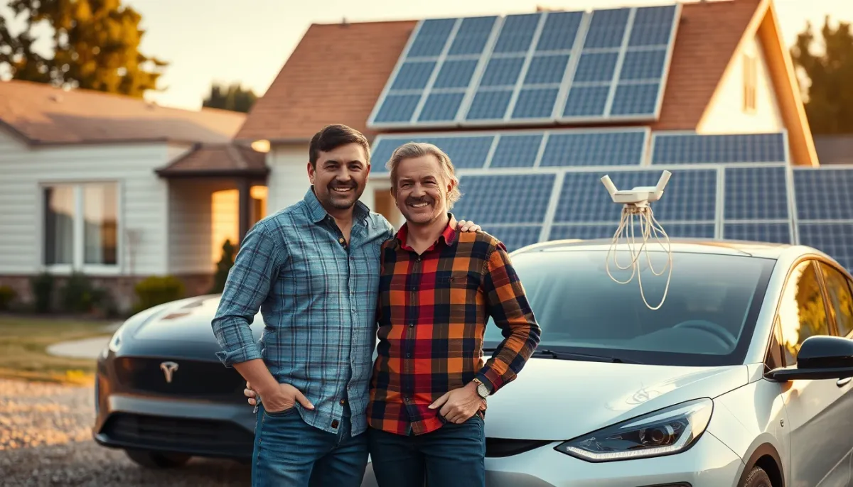 Couple souriant devant sa voiture électrique et sa maison équipée de panneaux solaires