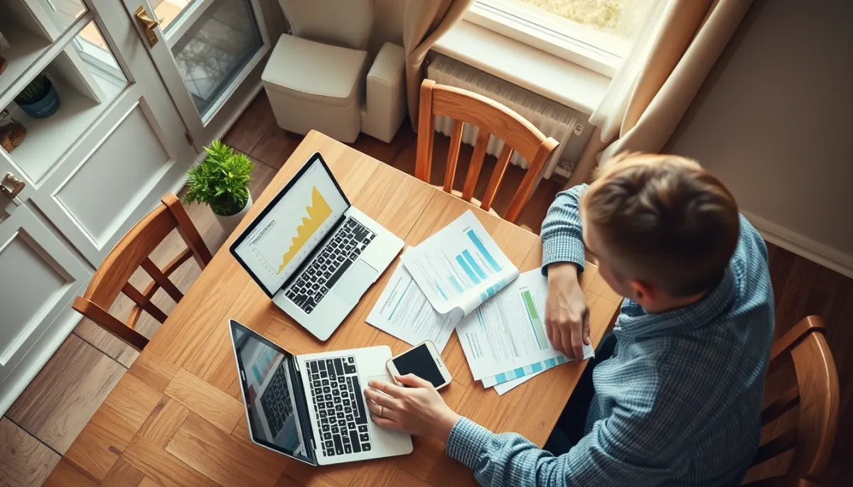 Couple examinant des documents et calculant le budget pour une pompe à chaleur à la maison