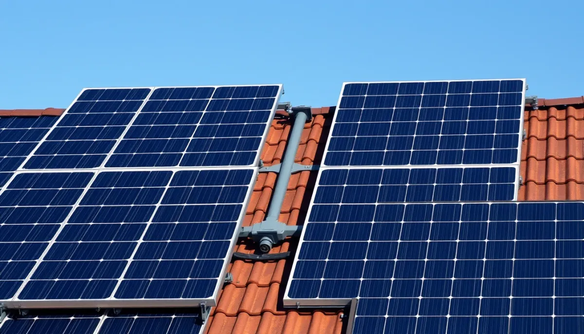 Panneaux solaires est-ouest sur toiture inclinée, vue de côté montrant les deux champs et l'onduleur