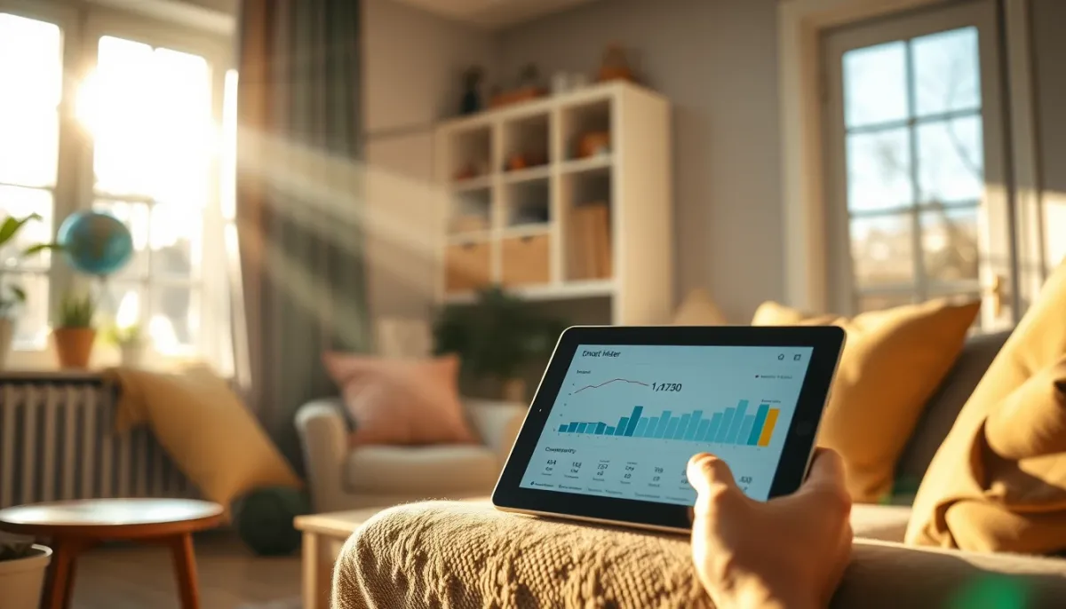 Intérieur familial avec lumière du matin, compteur intelligent et tablette affichant la consommation d'énergie