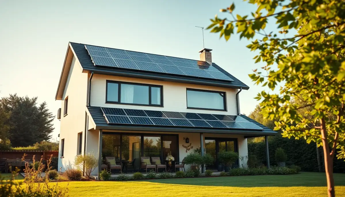 Maison moderne avec panneaux solaires est-ouest vue depuis le jardin, lumière du matin