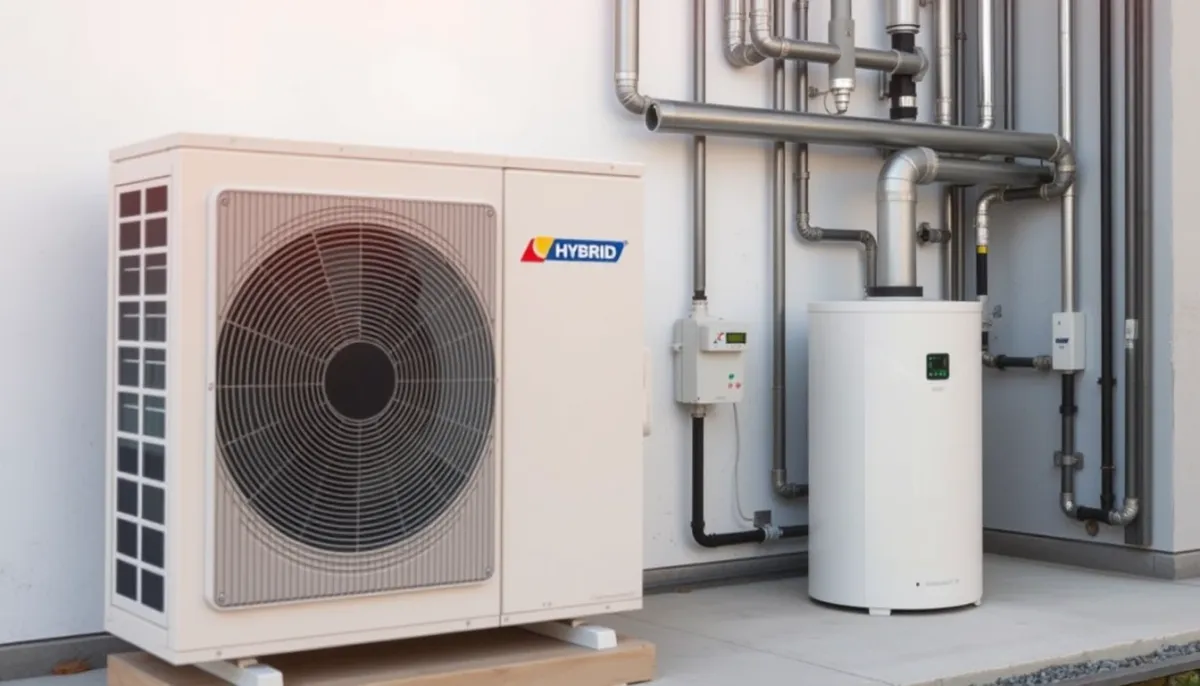 Unité extérieure de pompe à chaleur et chaudière gaz à condensation côte à côte, illustrant la combinaison technique de la PAC hybride.
