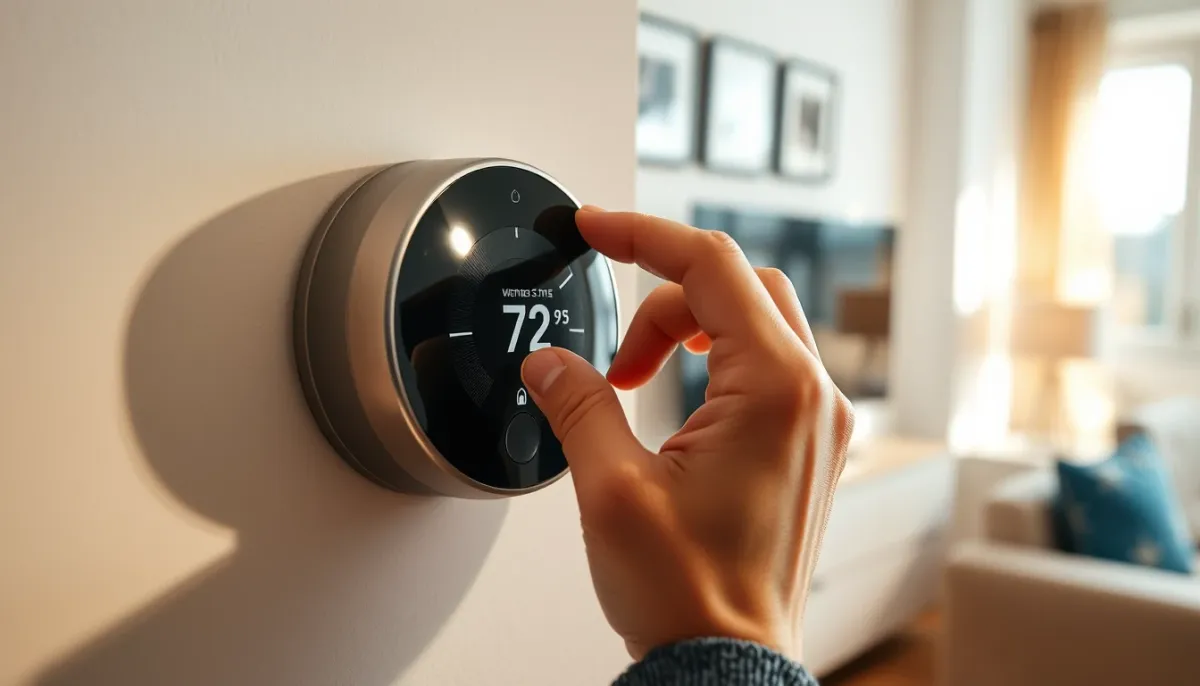 Propriétaire réglant un thermostat connecté dans un salon confortable, illustrant l'utilisation quotidienne simple d'une PAC hybride.