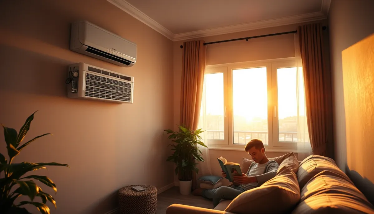 Salon confortable avec climatisation en fonctionnement et personne lisant