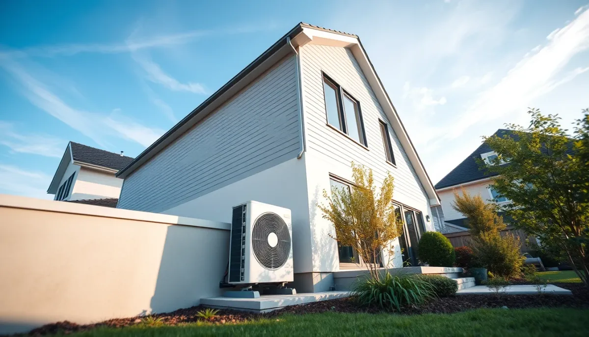 Maison moderne avec unité extérieure de pompe à chaleur