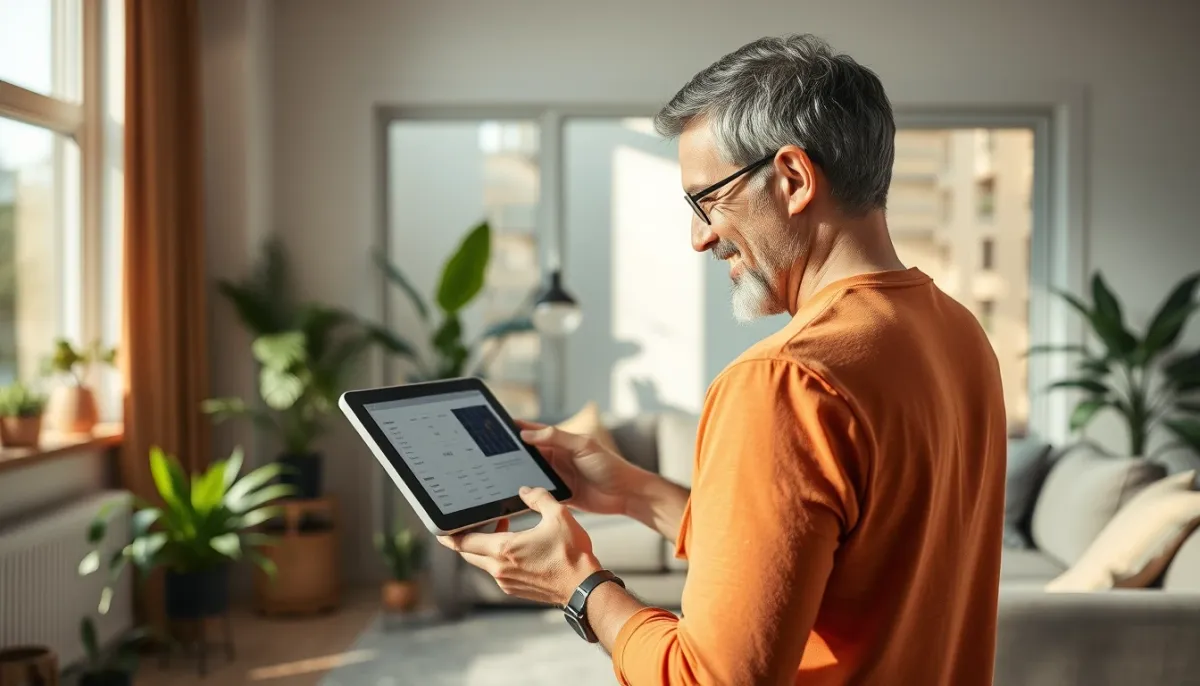 Propriétaire consultant les données de son installation solaire sur une tablette dans son salon