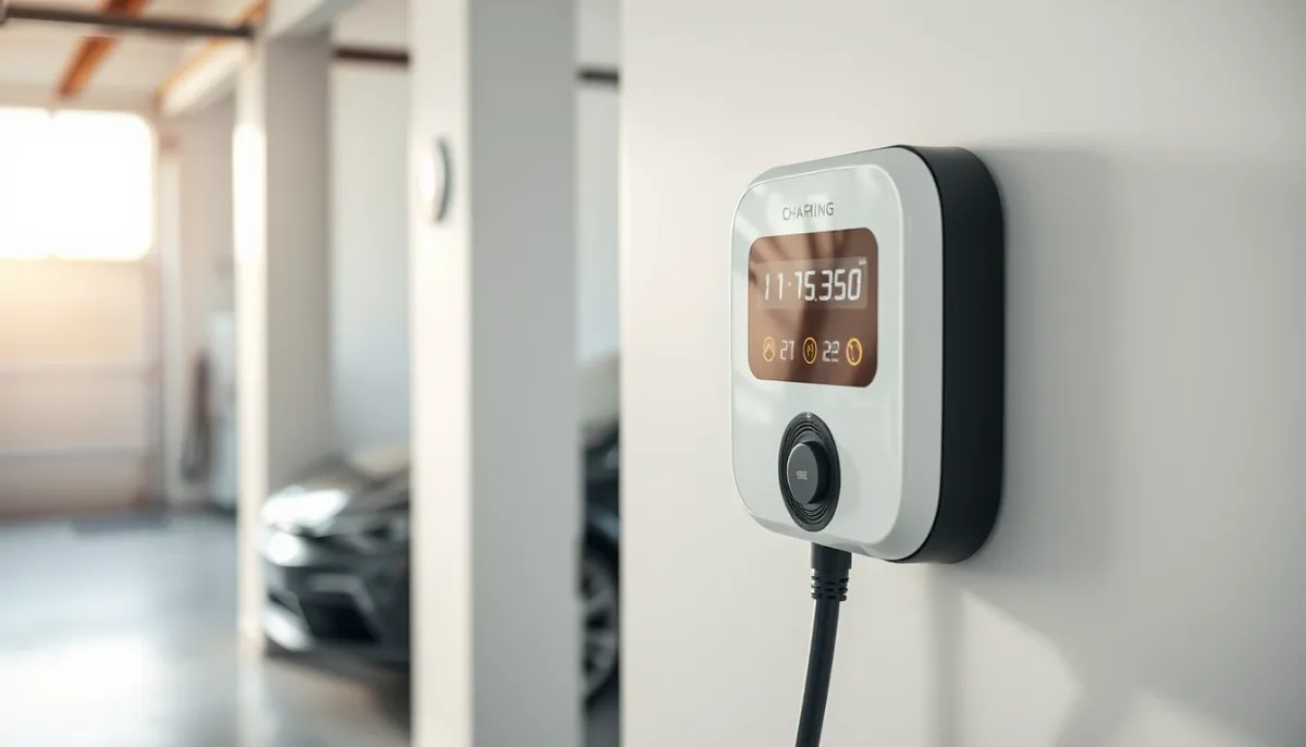Gros plan sur une borne de recharge murale blanche avec câble connecté, dans un garage lumineux