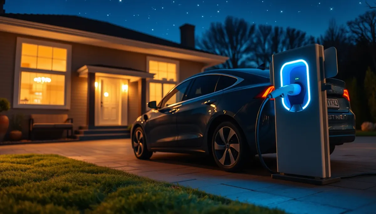 Voiture électrique en charge de nuit dans une allée résidentielle, éclairée par la borne et les fenêtres de la maison