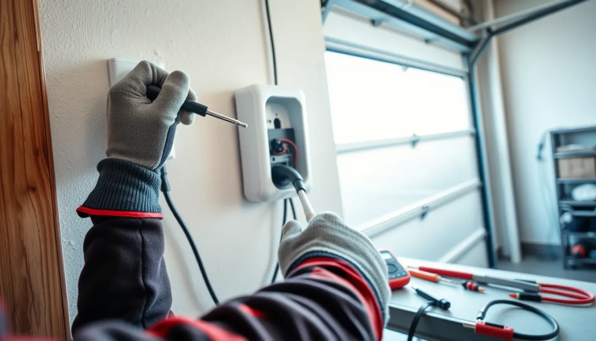 Électricien installant une borne de recharge murale dans un garage, vue de près sur les mains et les outils