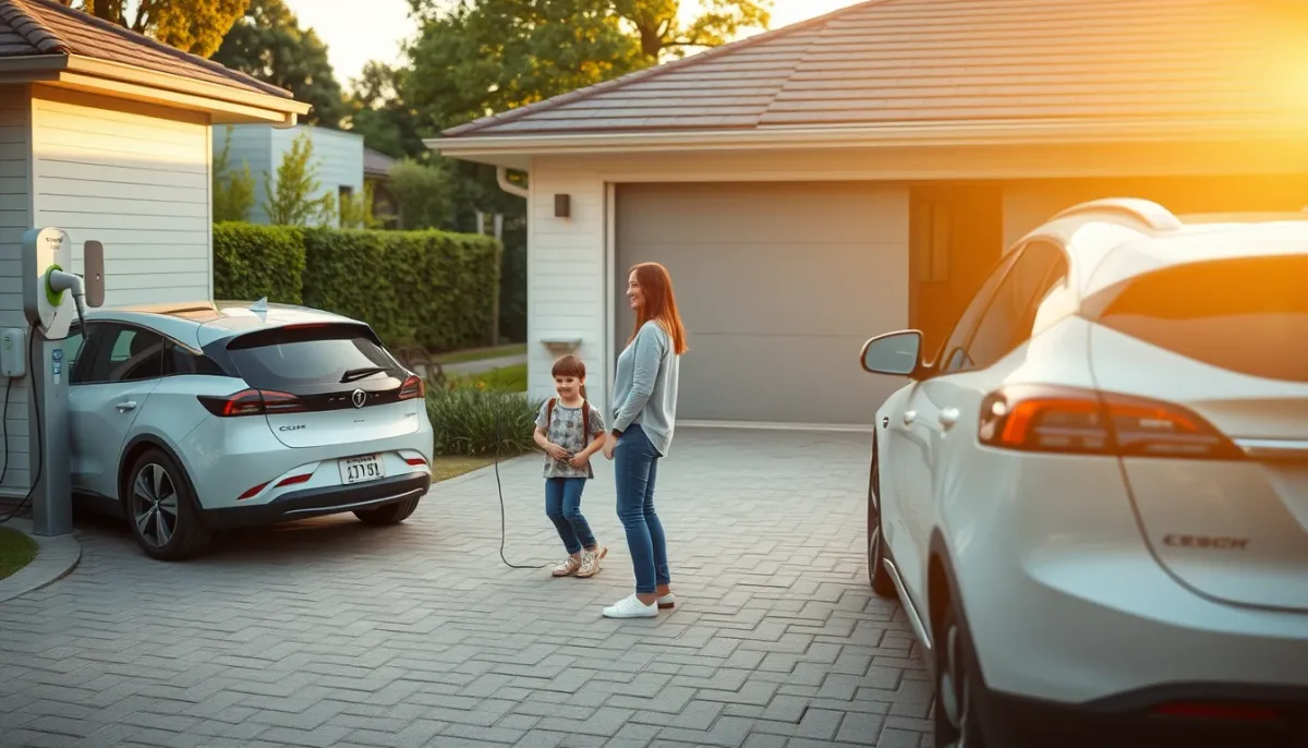 Famille devant deux voitures électriques en charge dans l'allée d'une maison, à l'heure dorée