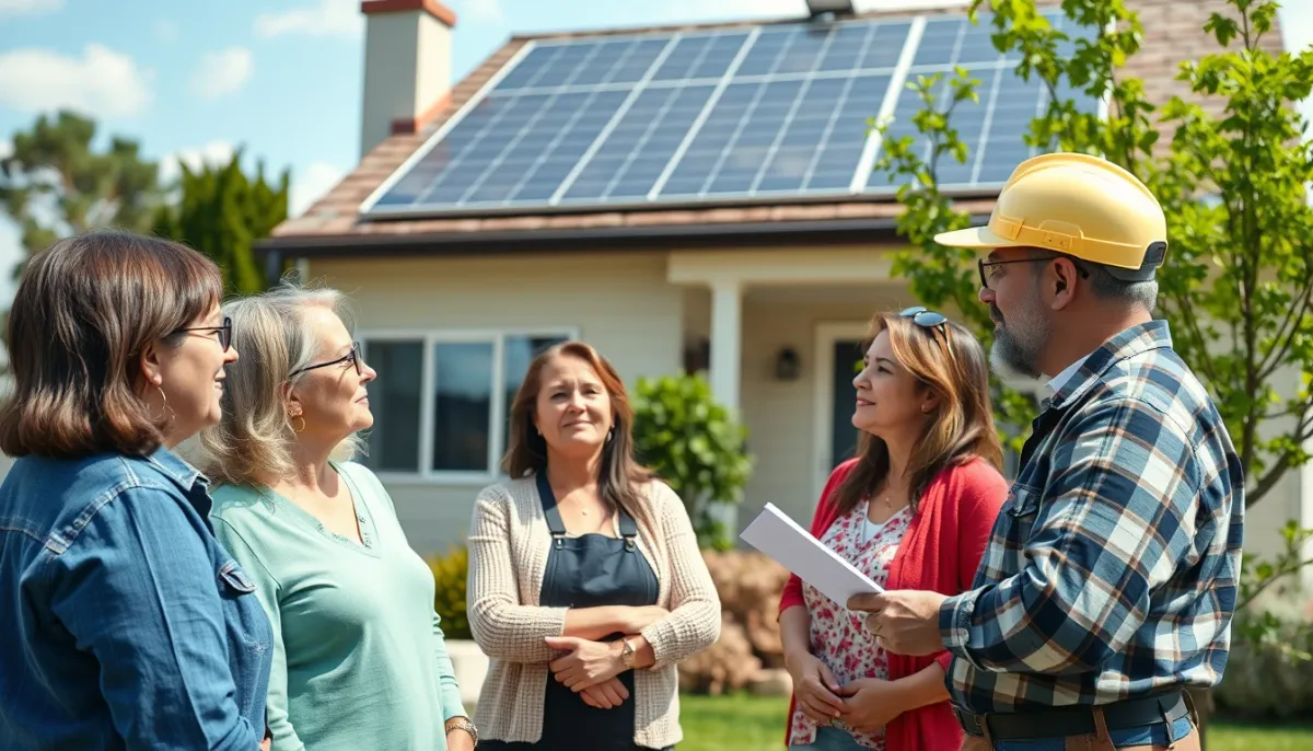 Propriétaires et installateur discutant devant une maison équipée de panneaux solaires