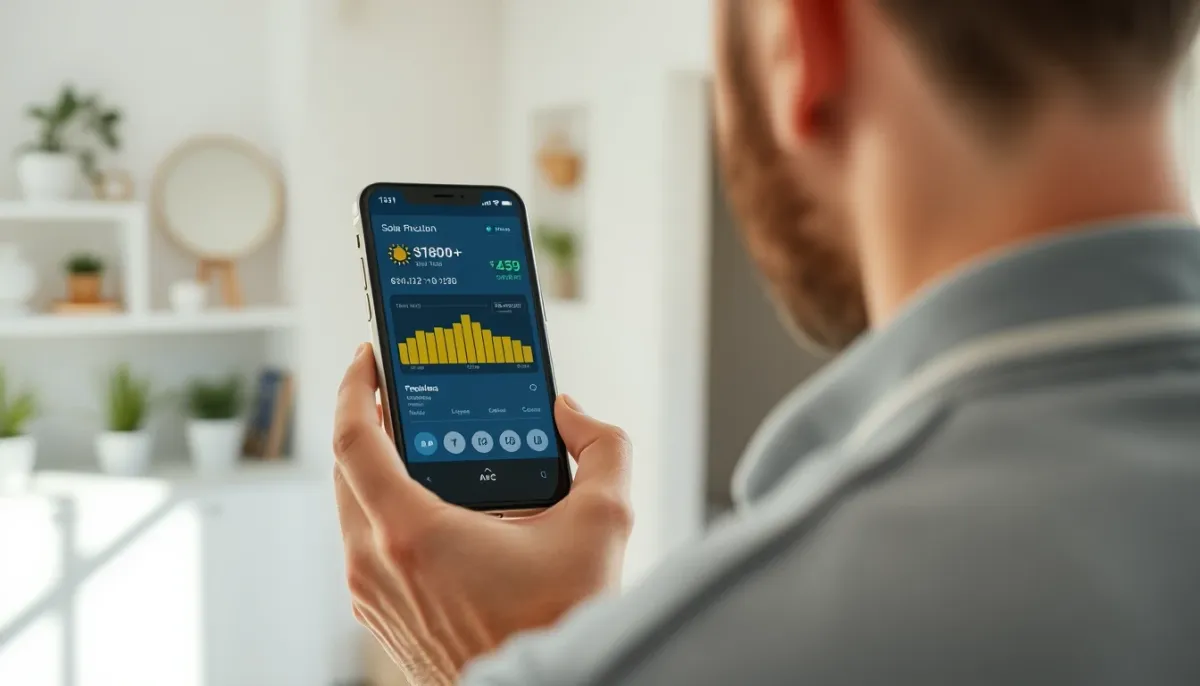 Propriétaire consultant une application mobile pour suivre sa production solaire et sa consommation en temps réel