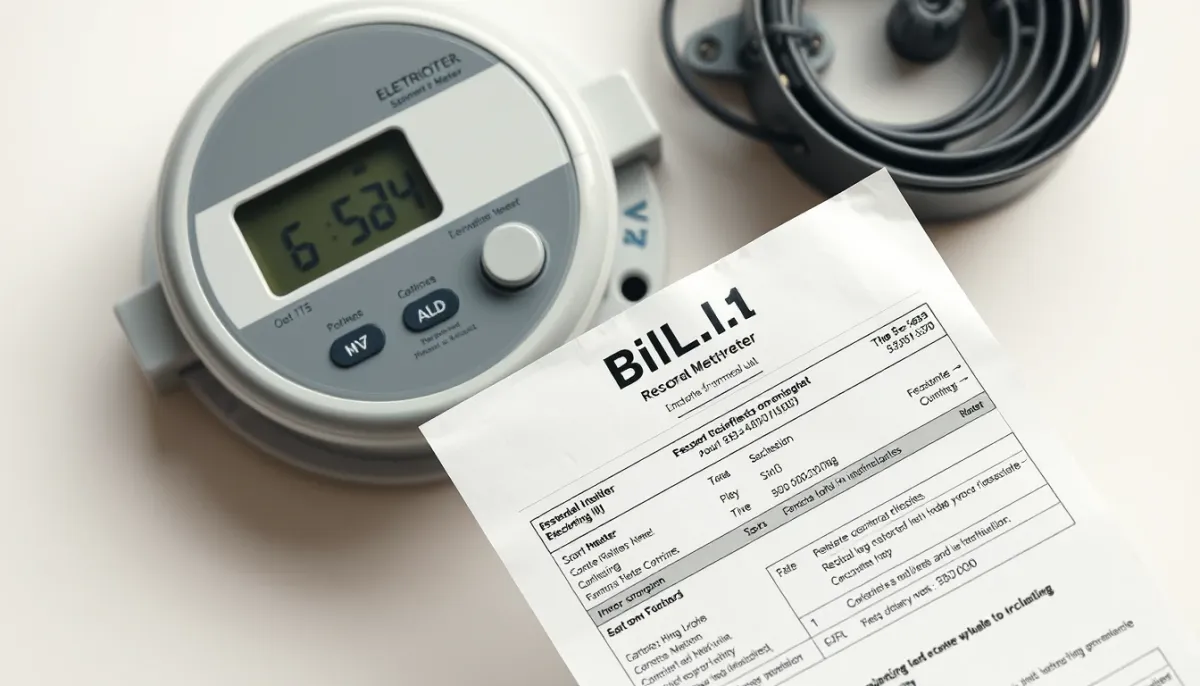 Facture d'électricité détaillant les postes de prélèvement, injection et tarif prosumer, avec un compteur communicant en arrière-plan
