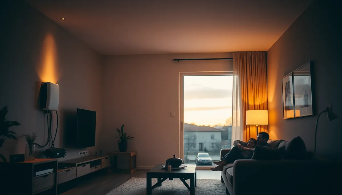 Salon familial le soir avec une batterie domestique LFP visible en arrière-plan, illustrant l'autoconsommation