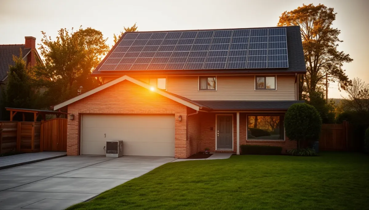 Maison individuelle avec panneaux solaires et batterie domestique LFP, à l'heure dorée