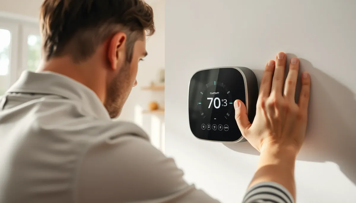 Propriétaire ajustant un thermostat intelligent sur le mur, réglage de la température