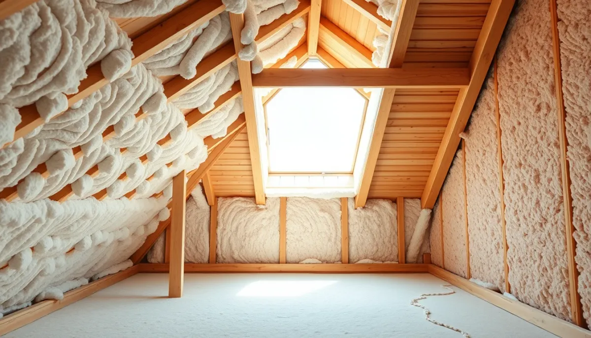 Combles bien isolés avec poutres en bois apparentes et matériaux d'isolation modernes