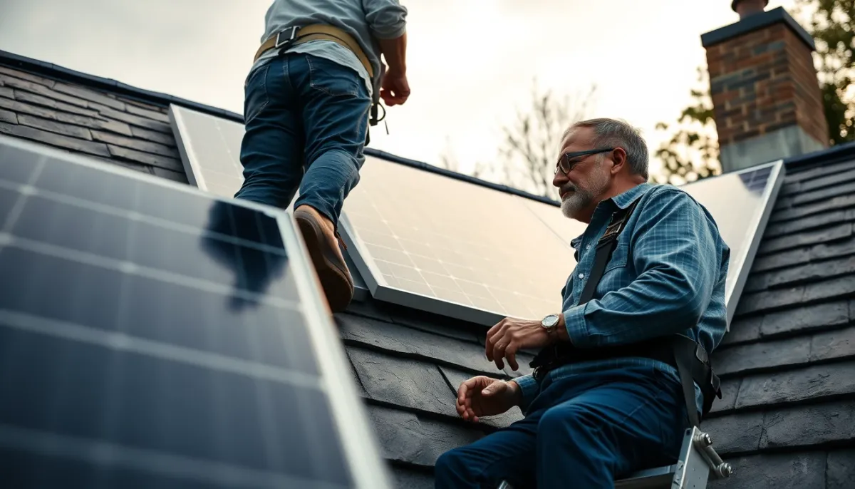 Propriétaire vérifiant l'état des panneaux solaires sur un toit en ardoise