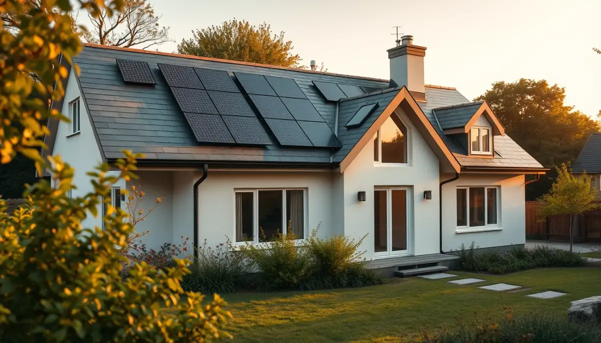 Maison avec toit en ardoise et panneaux solaires, adaptée à l'autoconsommation
