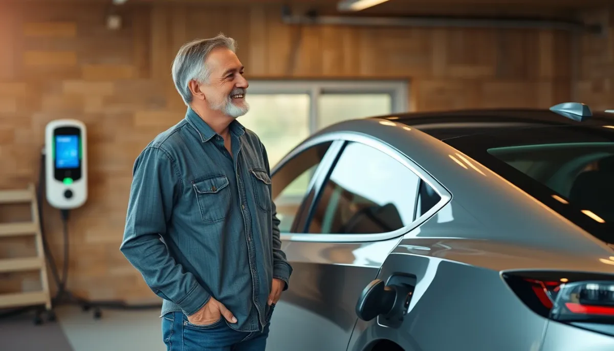 Propriétaire souriant à côté de sa voiture électrique en charge, illustrant les avantages du délestage dynamique