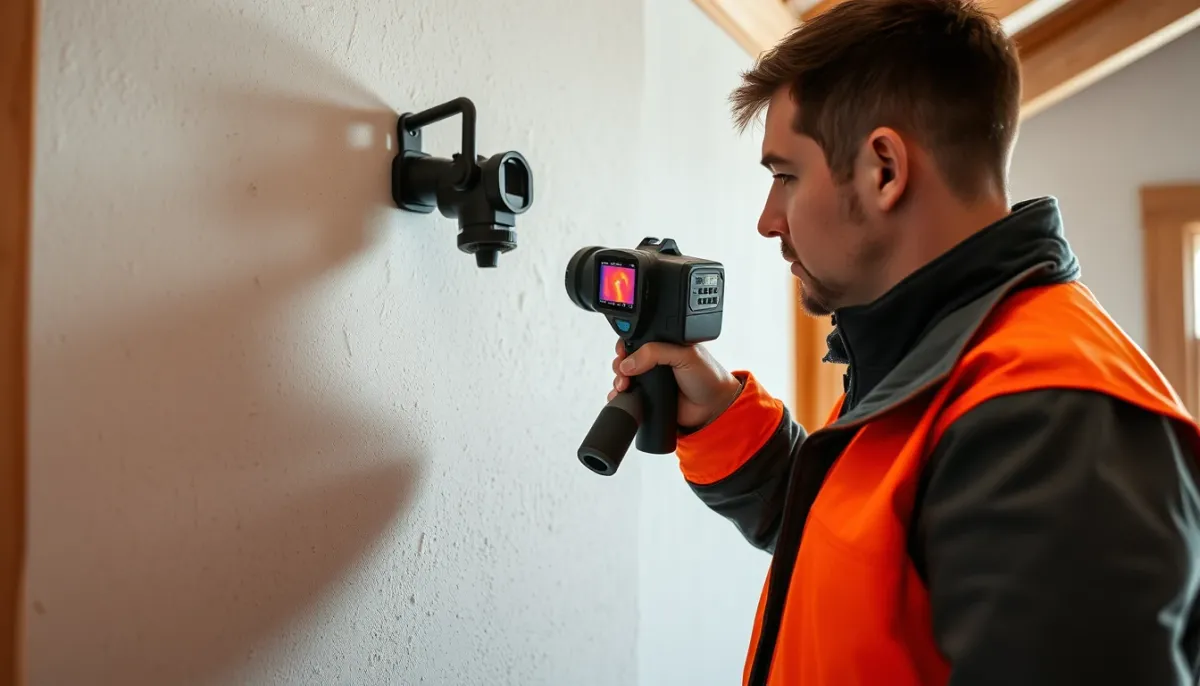 Auditeur énergétique inspectant l'isolation d'un mur avec une caméra thermique lors d'un audit logement en Wallonie