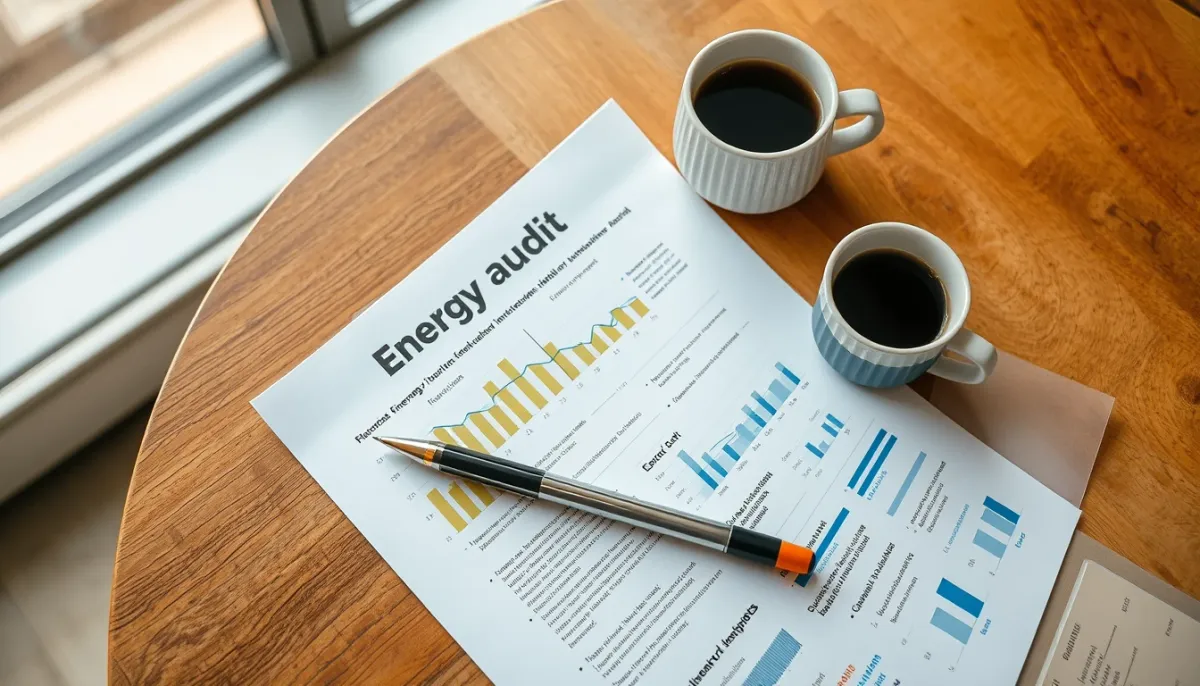 Rapport d'audit logement détaillé avec graphiques et recommandations, posé sur une table en bois