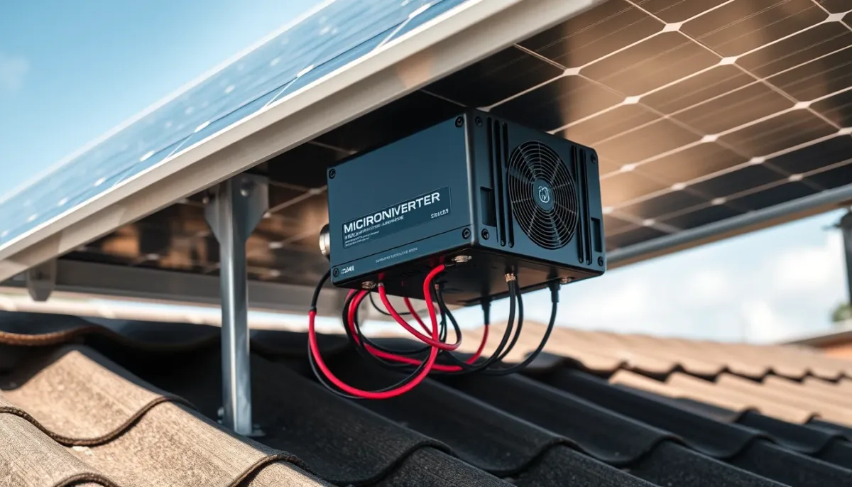 Gros plan sur un micro-onduleur installé sous un panneau solaire sur un toit