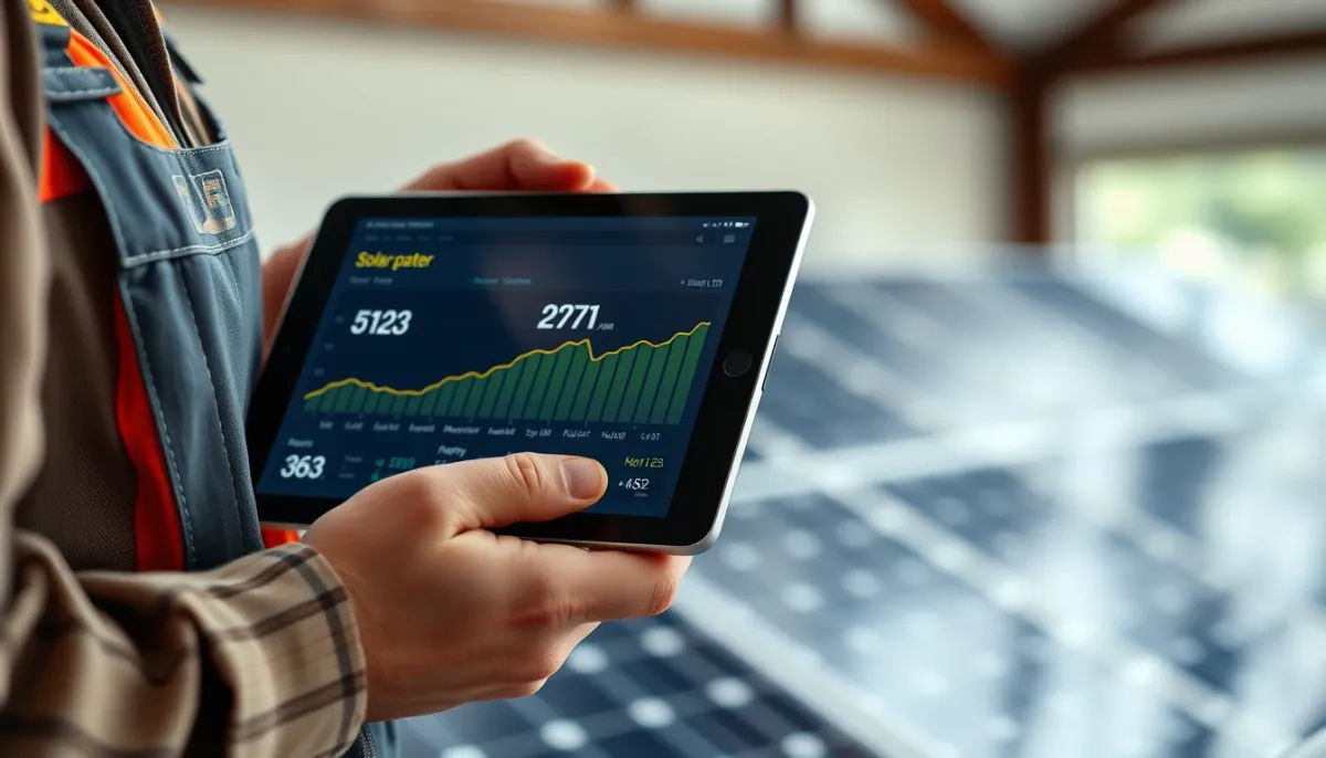 Technicien utilisant une tablette pour suivre la production d'une installation solaire