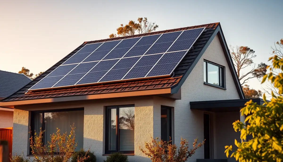 Maison résidentielle avec panneaux solaires sur le toit, partiellement ombragé par des arbres, à l'heure dorée