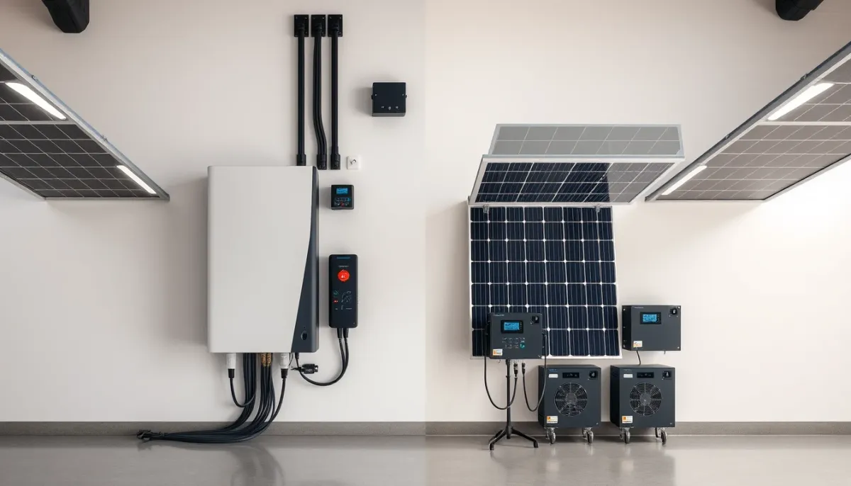 Comparaison visuelle entre un onduleur central et des micro-onduleurs sur une installation solaire
