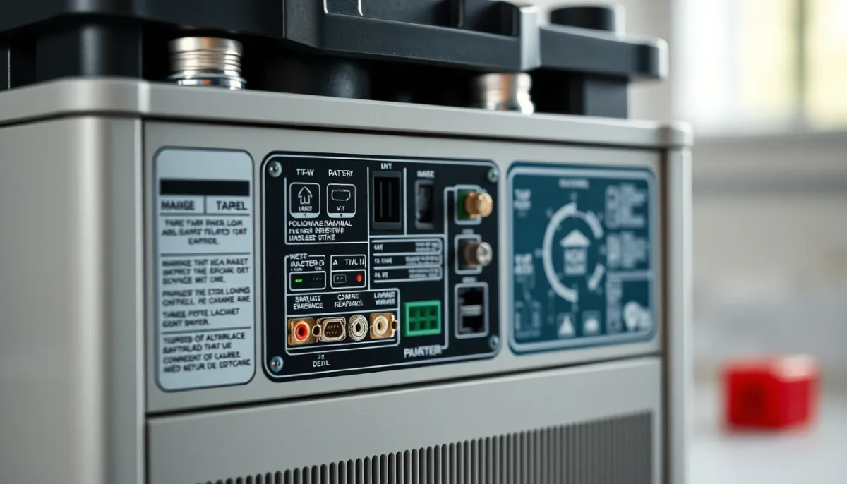 Gros plan sur les spécifications techniques et les ports de connexion d'une batterie domestique