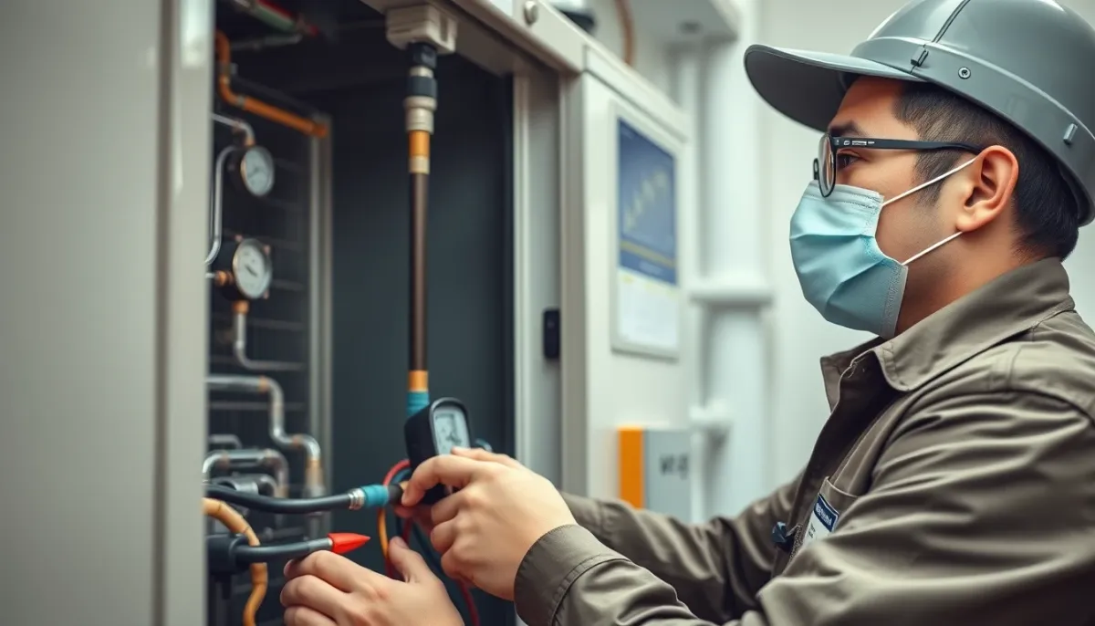 Technicien certifié intervenant sur le circuit frigorifique d'une pompe à chaleur