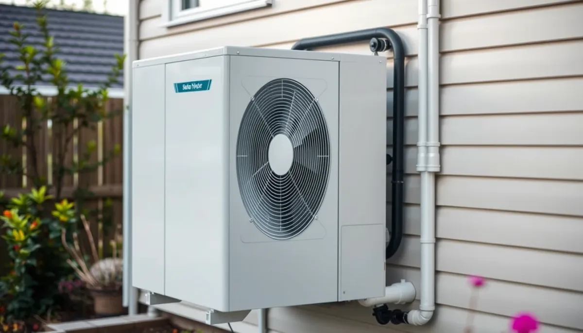 Unité extérieure d'une pompe à chaleur air/eau installée contre un mur de maison