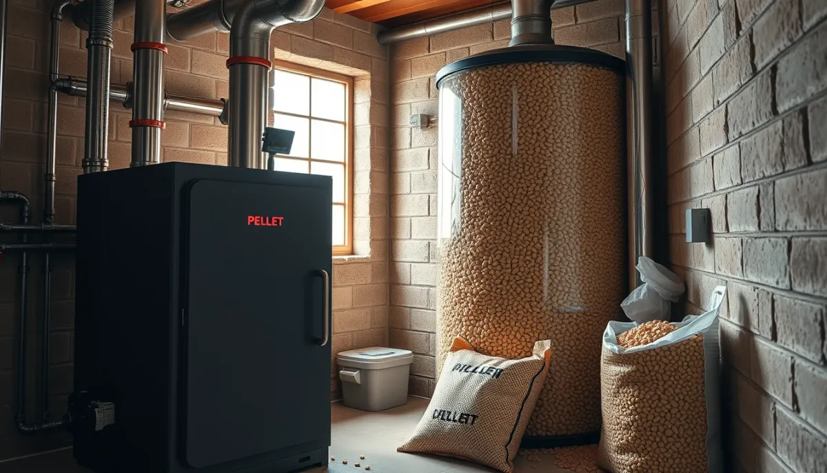 Local technique avec une chaudière à pellets et son silo de stockage de granulés de bois